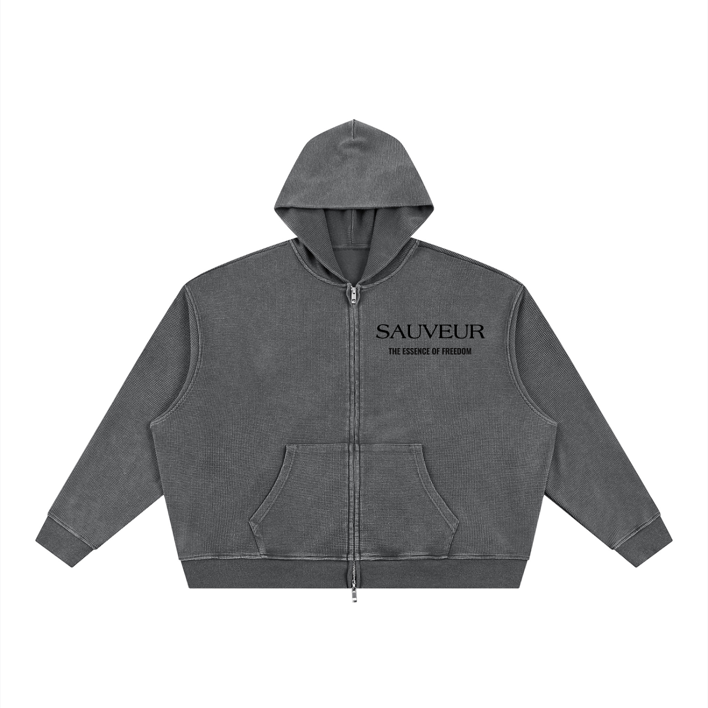 Sauveur Unisex Vintage Wash Boxy Waffle Full Zip Hoodie