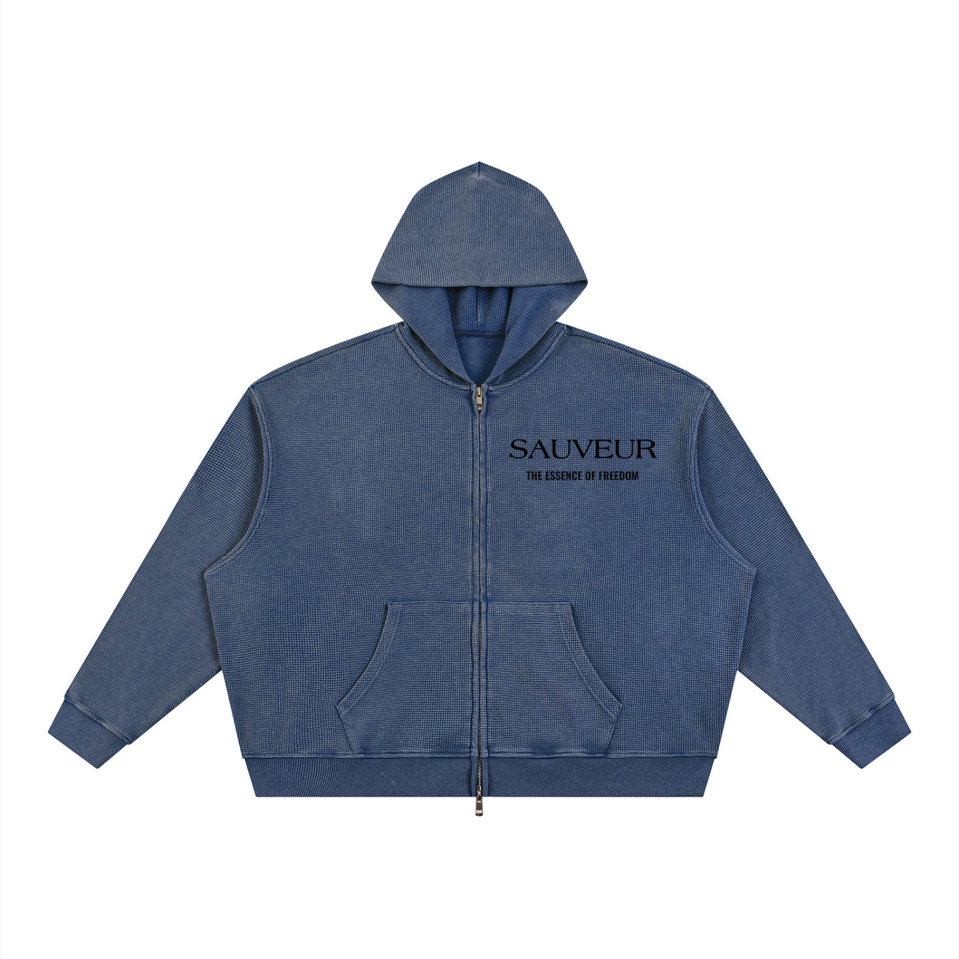 Sauveur Unisex Vintage Wash Boxy Waffle Full Zip Hoodie