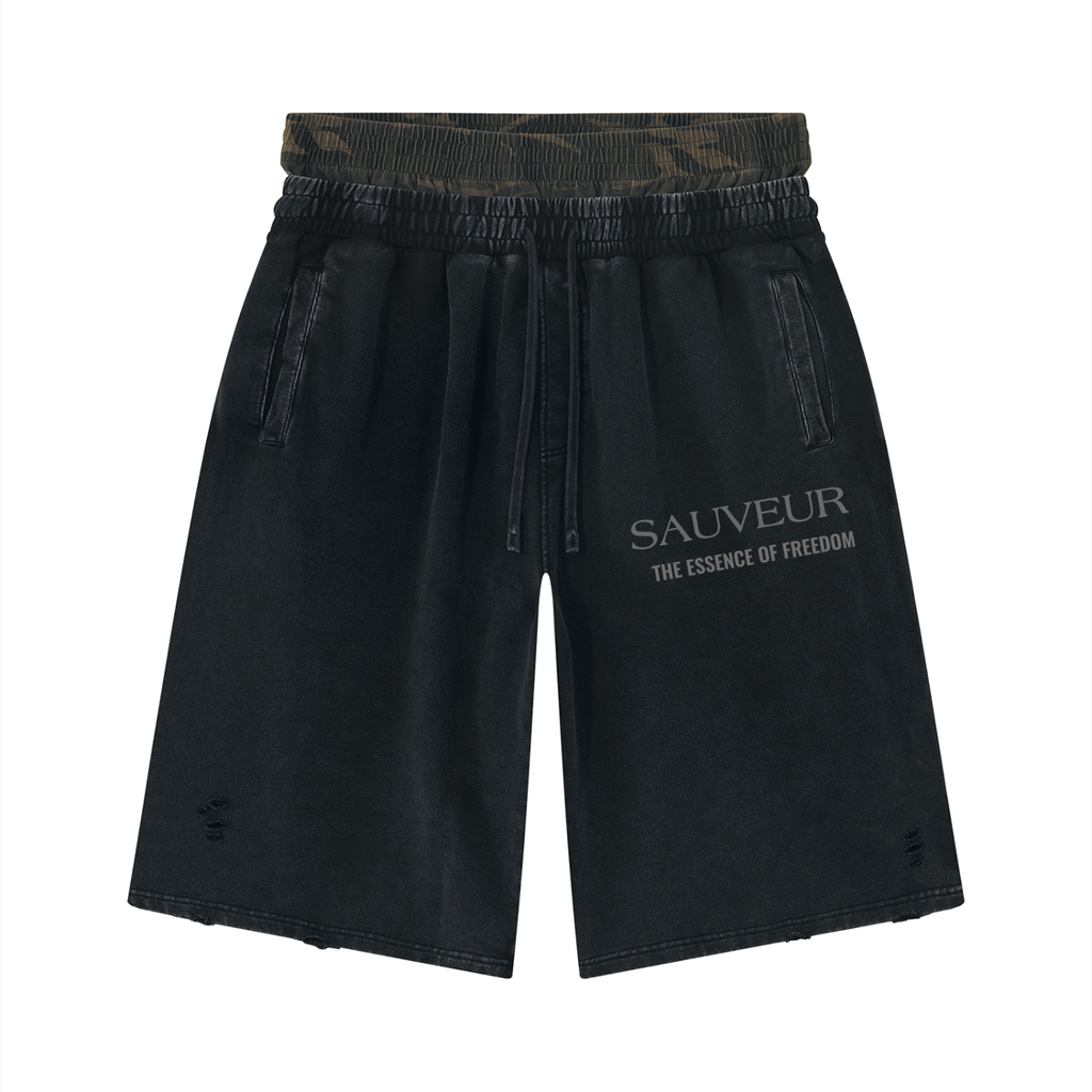 Sauveur Unisex Vintage Wash Distressed Wide Leg Shorts
