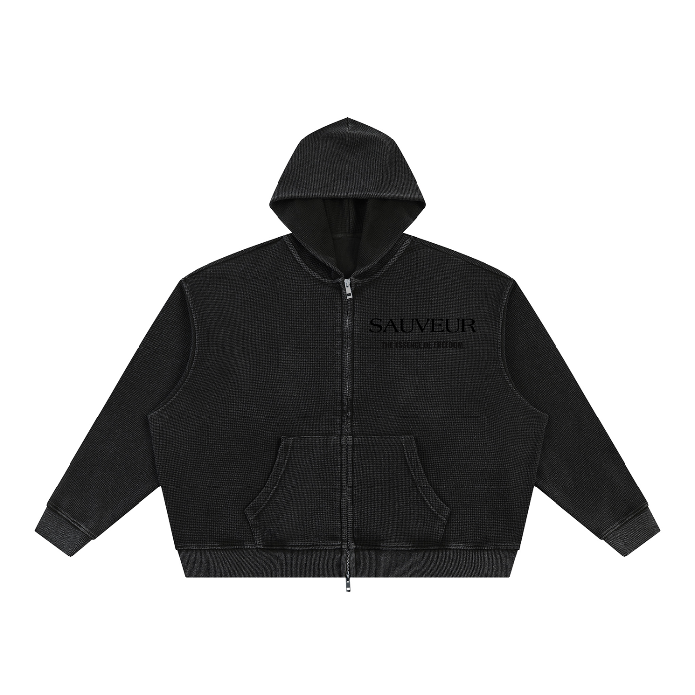 Sauveur Unisex Vintage Wash Boxy Waffle Full Zip Hoodie