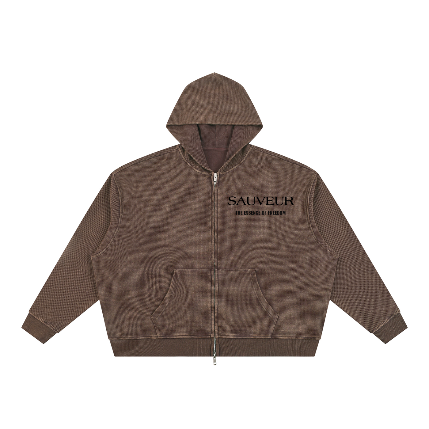 Sauveur Unisex Vintage Wash Boxy Waffle Full Zip Hoodie