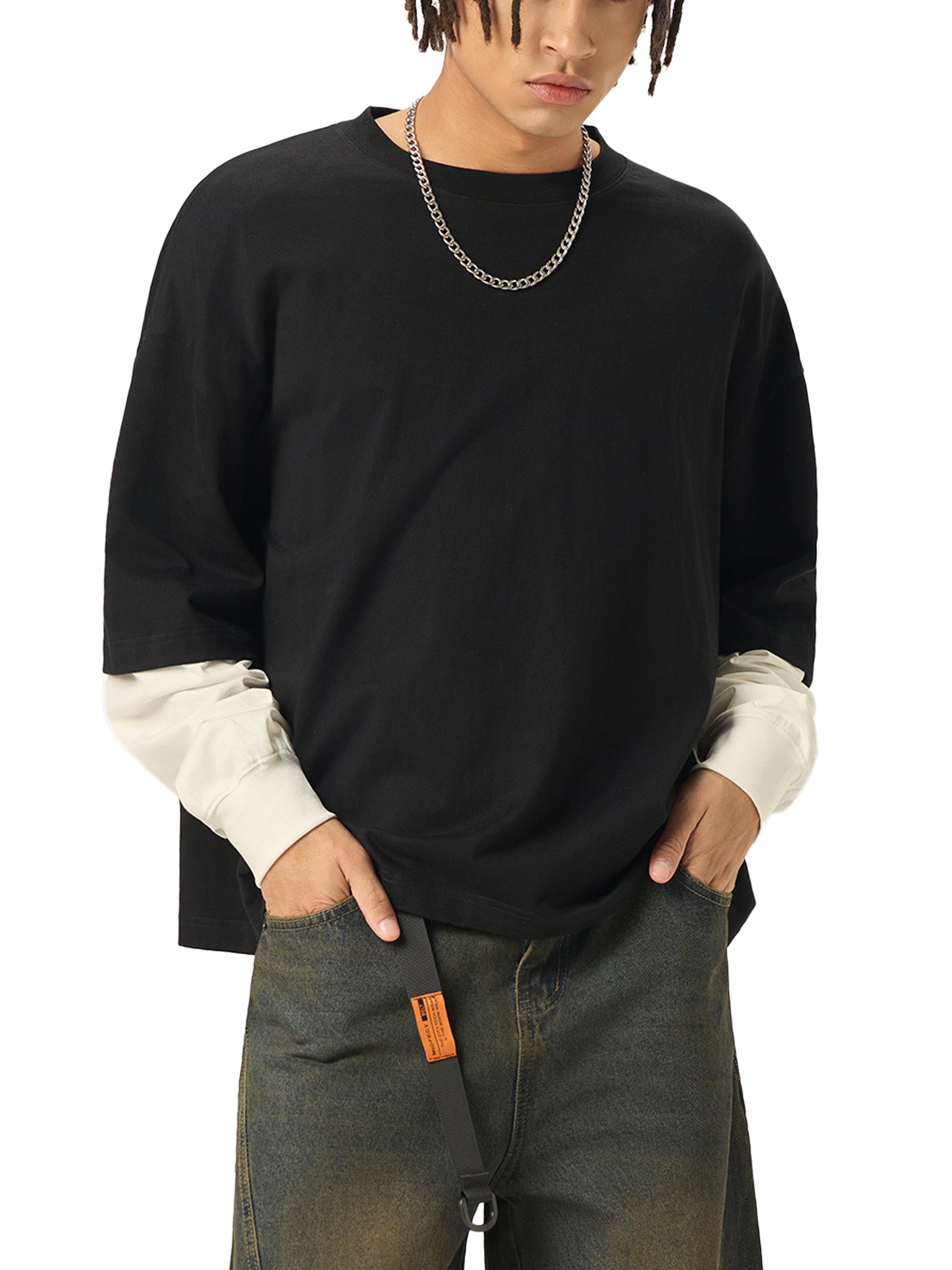 Freedom Layered Contrast Sleeve Cotton T-Shirt